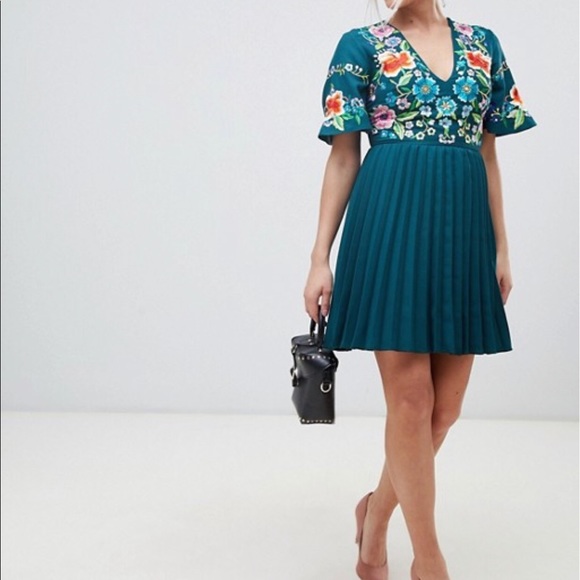 ASOS Petite Dresses & Skirts - ASOS Pleated Mini Dress With Floral Embroidery